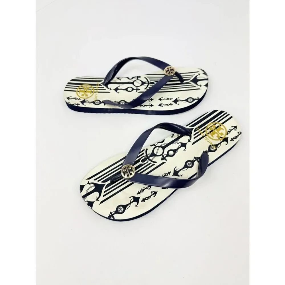Tory Burch SEAFARER STRIPE Navy Blue White Gold Logo Nautical Thong Toe FlipFlop